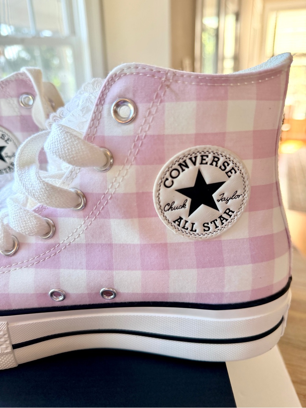 Converse Pink Gingham Platform Chuck Taylor Sneakers with Mint Sole - Picture 6 of 14